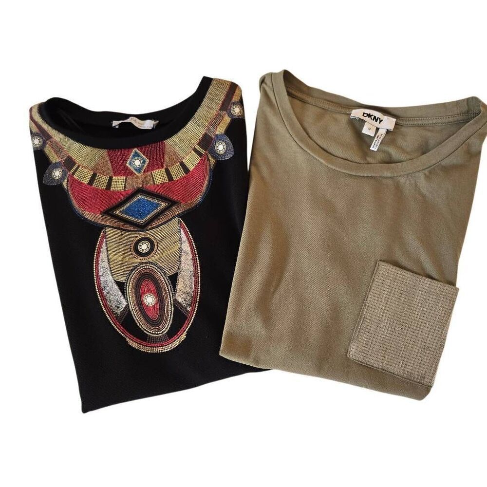 Lot of 2 DKNY & Zara Womens Short Sleeve T-shirt Bundle Green & Black Medium